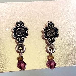 Vintage 90s pewter style jewel tone purple crystal dangle drop earrings
